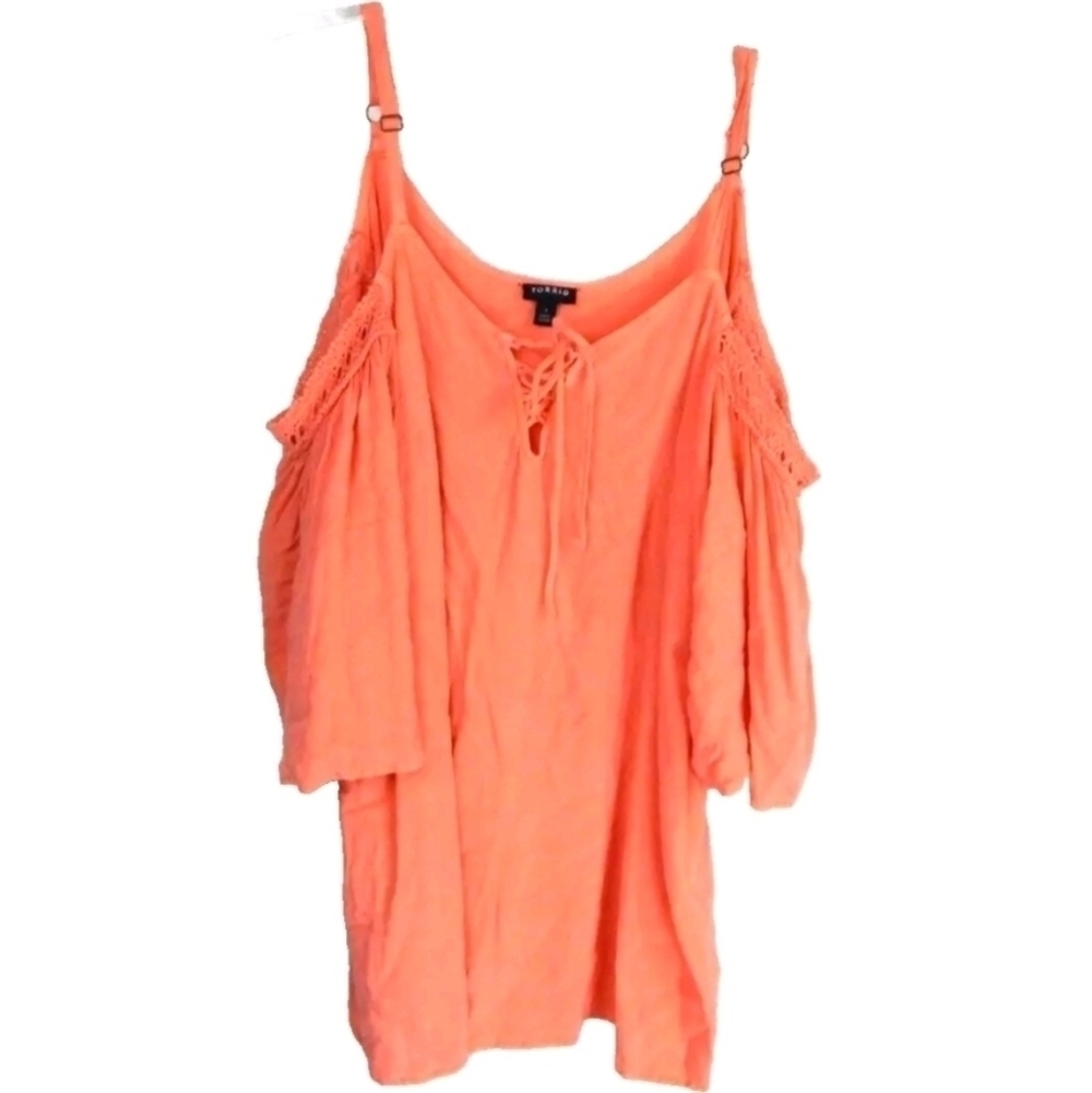 Torrid Pink Challis Cold Shoulder Lace Up Blouse - Picture 2 of 4